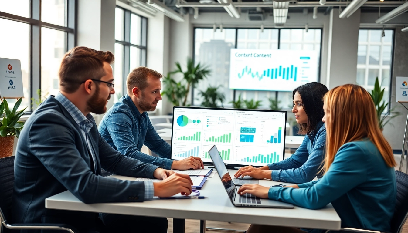 Engaging team performing a Content Gap Analysis in a vibrant office environment.