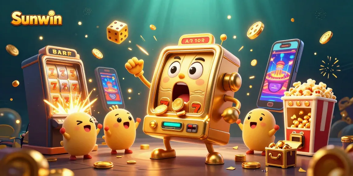 Sunwin's animated golden slot machine celebrates a jackpot, showering coins amidst vibrant casino elements.