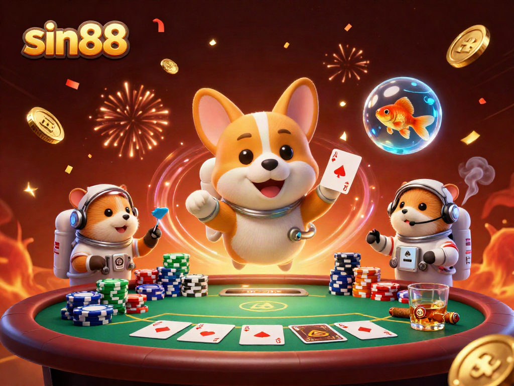Experience thrilling gaming at sin88 with a space-themed casino featuring an astronaut corgi, poker chips, and floating confetti.