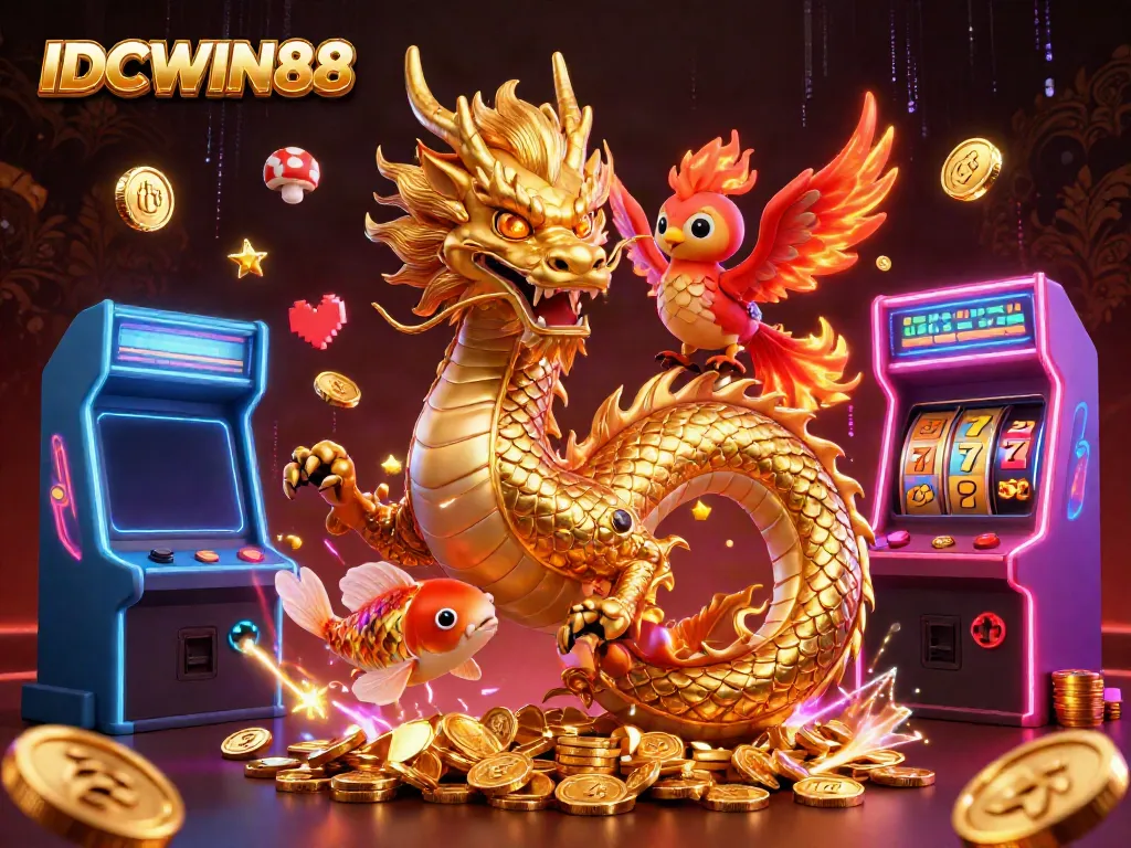 Engage with IDCWIN88's thrilling atmosphere through a vibrant 3D illustration featuring a golden dragon amidst casino elements.