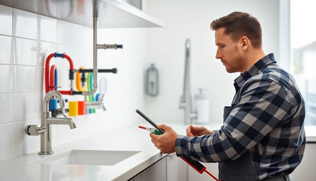 Find a skilled plumber near me fixing plumbing issues in a modern kitchen.