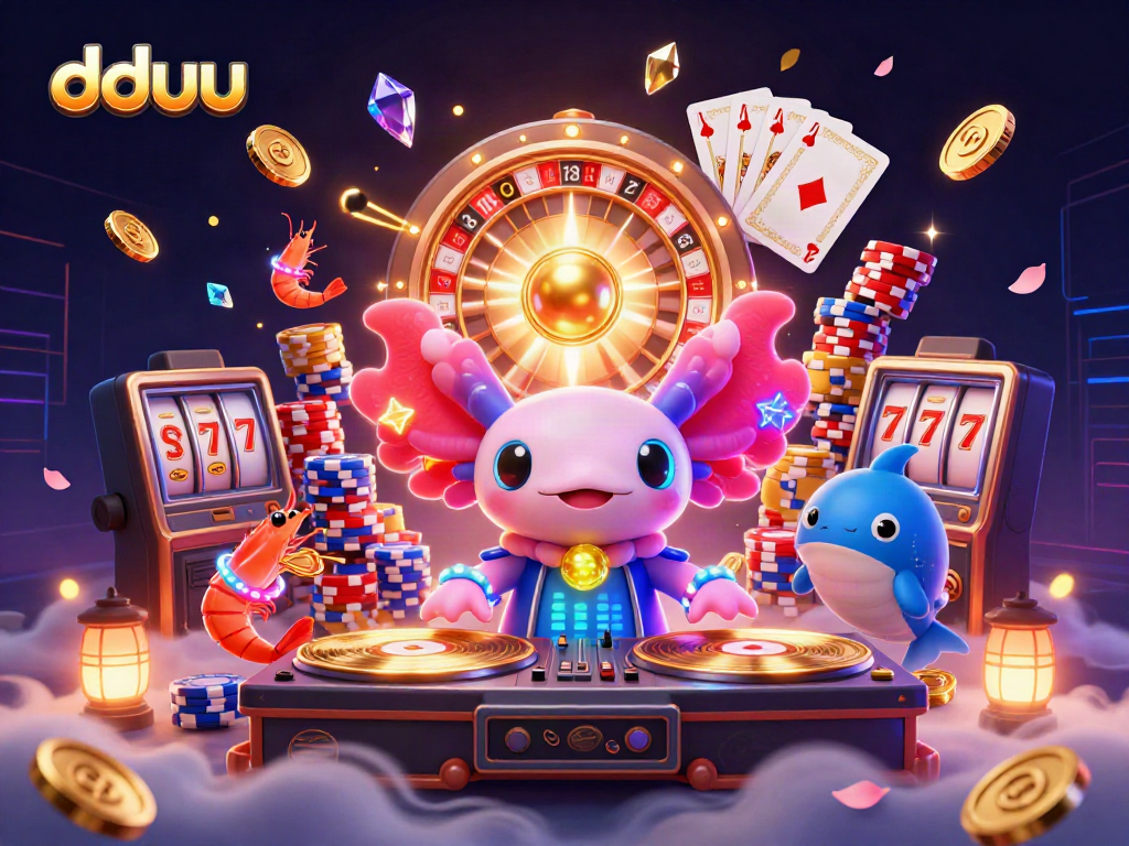Engage with dduu's vibrant casino atmosphere featuring an axolotl DJ and energetic characters.