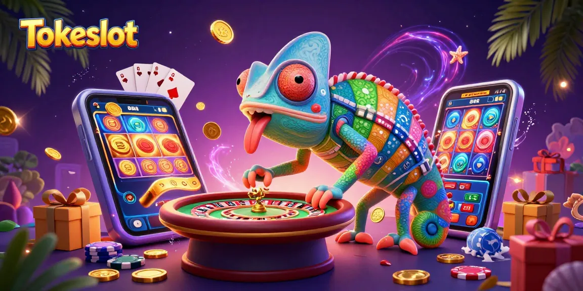 Tokeslot showcases a vivid 3D scene with a chameleon casino owner and dynamic gaming elements.
