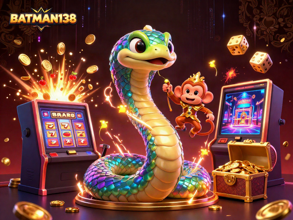 Experience the excitement of BATMAN138 casino with a colorful scene of a rainbow serpent and monkey king amid jackpot celebrations.