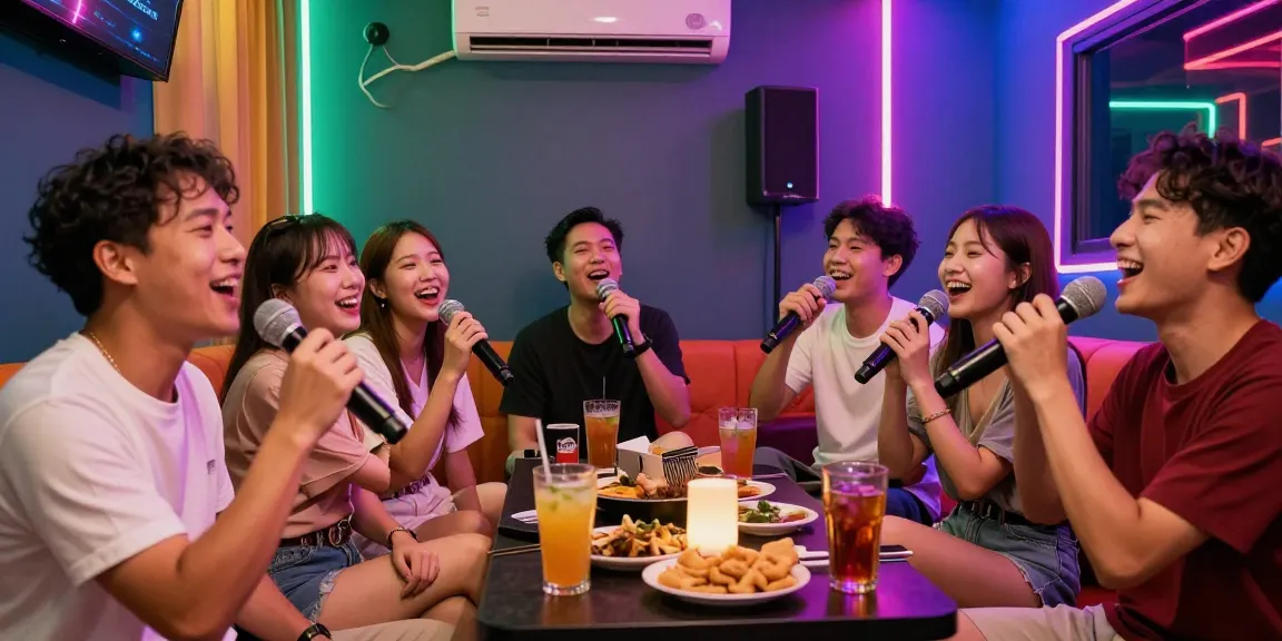 다낭 가라오케에서 친구들과 즐거운 시간을 보내는 모습, 생동감 넘치는 분위기에서 노래로 연결되는 순간.