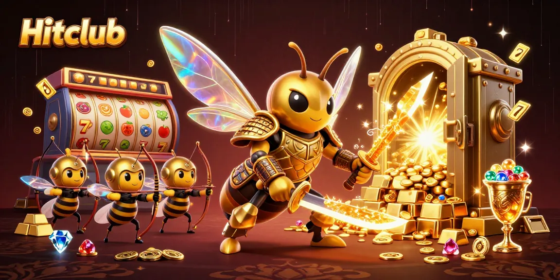 Hitclub showcases players winning big with vibrant casino elements and a heroic hornet on a jackpot.