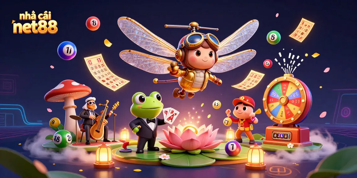 nhà cái net88 showcases a vibrant casino scene with a dragonfly pilot, frog dealer, and lively musicians.