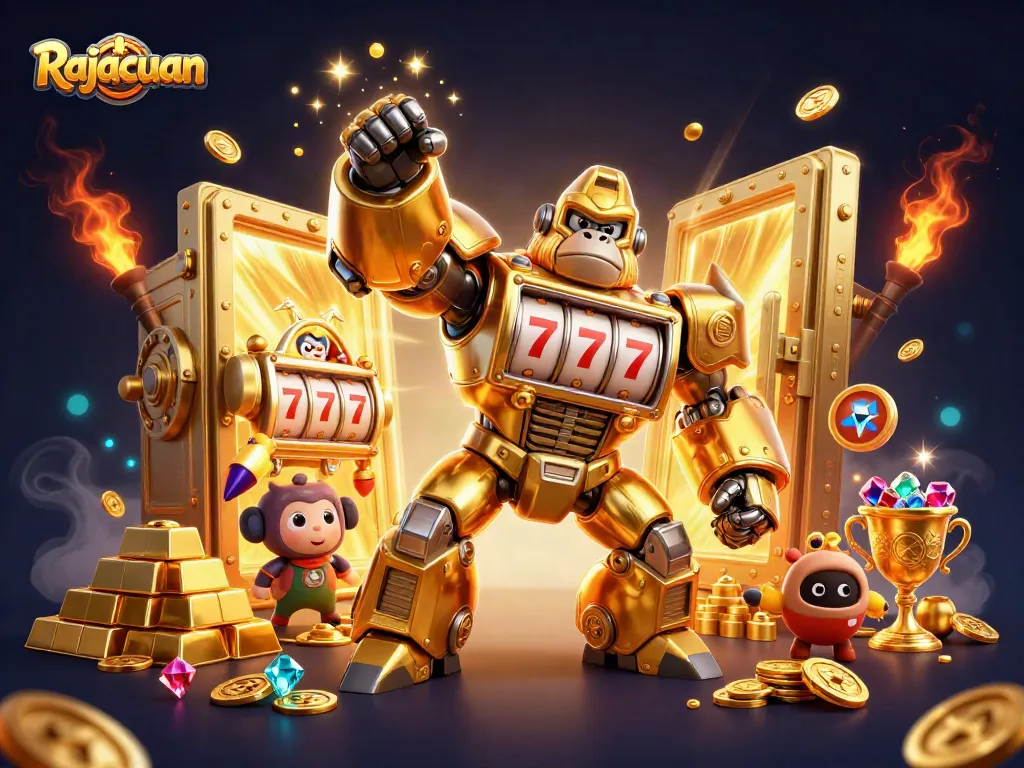 Experience Rajacuan's thrilling adventures with a golden gorilla mech bursting coins and treasures in a vibrant casino setting.