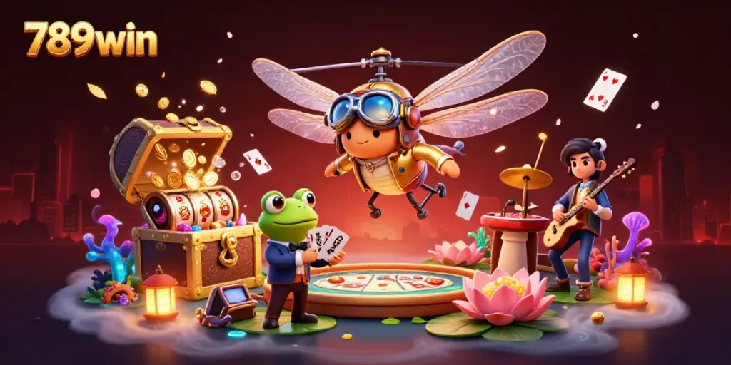Engage with thrilling games at 789win, featuring a dynamic scene of a dragonfly pilot and frog croupier