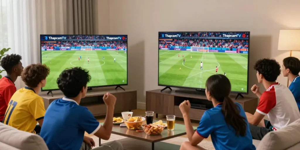 Football fans enjoying a live match on ThapcamTV, showcasing excitement and camaraderie.