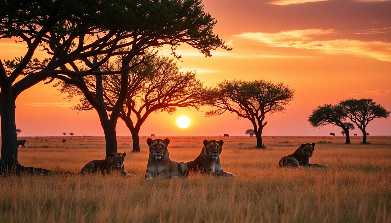 Experience breathtaking Tanzania safaris with majestic lions resting under acacia trees at sunset.