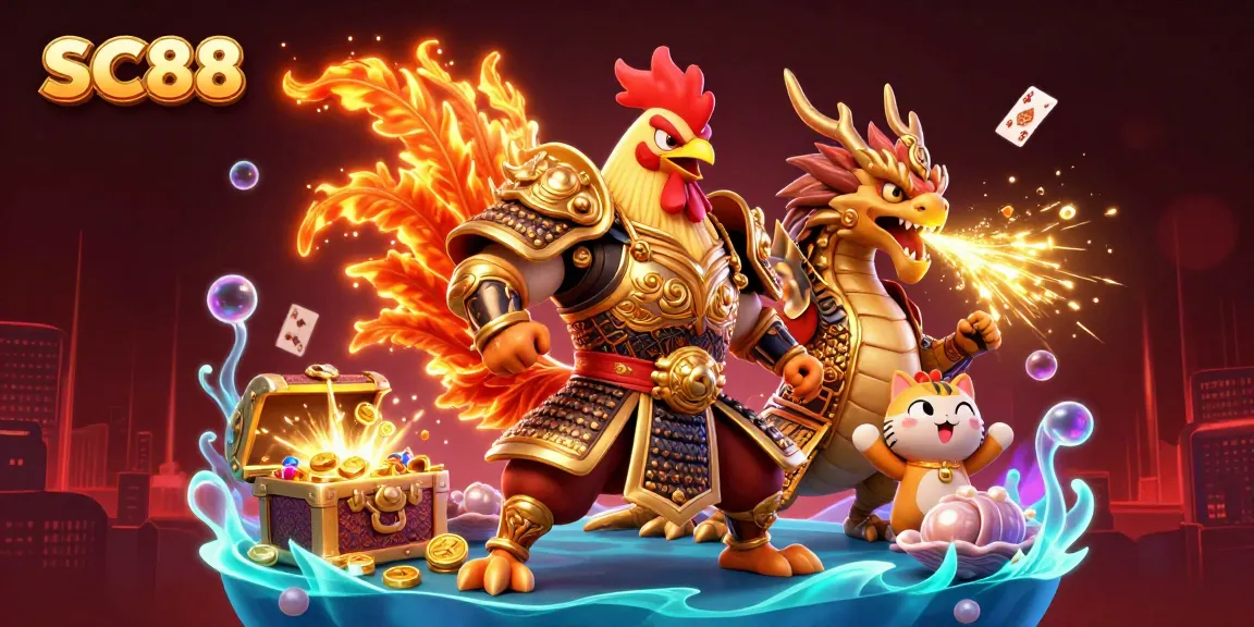 Join the excitement at SC88 casino with vibrant characters celebrating wins amid treasures and games.