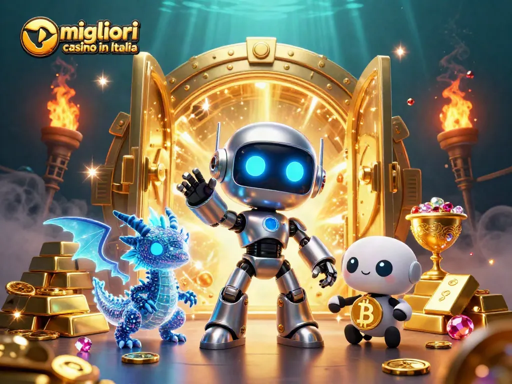 Scopri i migliori casinò online in Italia con un avvincente robot cyberpunk e un drago AI tra tesori luminosi.