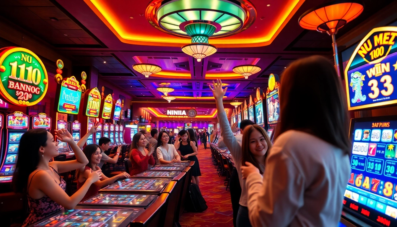 Nổ Hũ game experience in a vibrant casino with players celebrating wins.