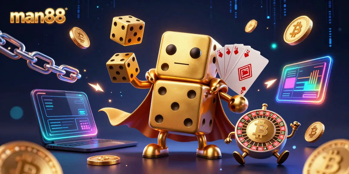 Experience thrilling gameplay with man88 in a vibrant 3D casino world featuring golden dice and cryptocurrencies.