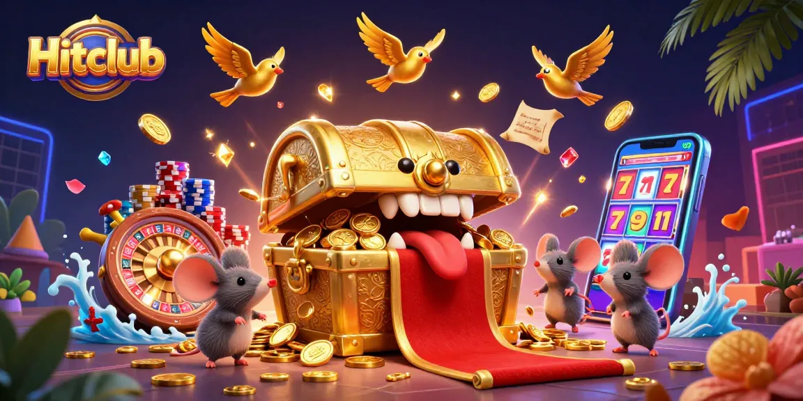 Experience the excitement of Hitclub as adventurer mice are lured by a golden treasure chest in a vibrant casino scene.