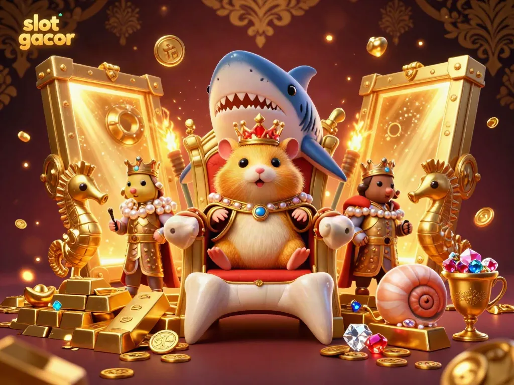 Engage with captivating slot gacor themes featuring adorable hamster king amidst treasure and royal seahorse guards.