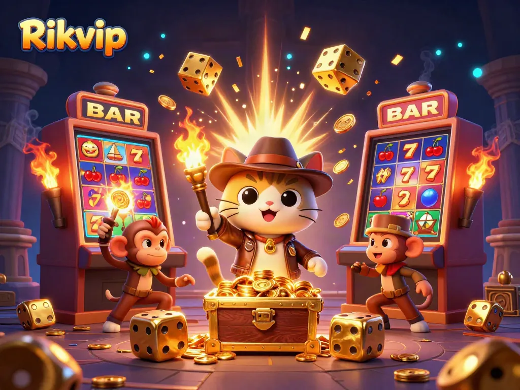 Rikvip card game adventure: archaeologist cat discovers golden casino artifacts surrounded by jackpot slots.