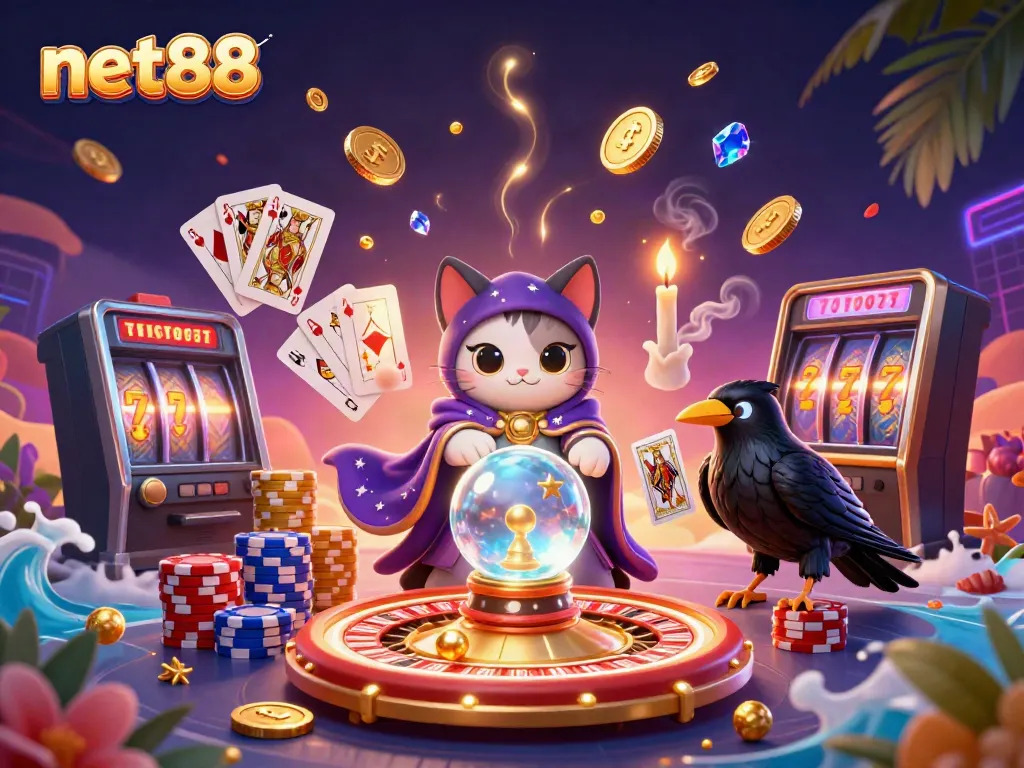 Experience thrilling gameplay with net88 at this vibrant casino scene featuring fortune teller cat and glowing raven.