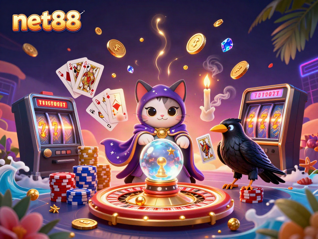Experience thrilling gameplay with net88 at this vibrant casino scene featuring fortune teller cat and glowing raven.
