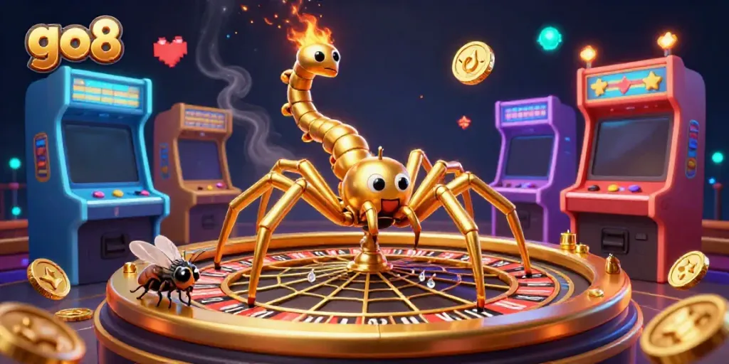 Experience thrilling bets at go8 with a golden spider and centipede croupier in a dynamic casino scene.