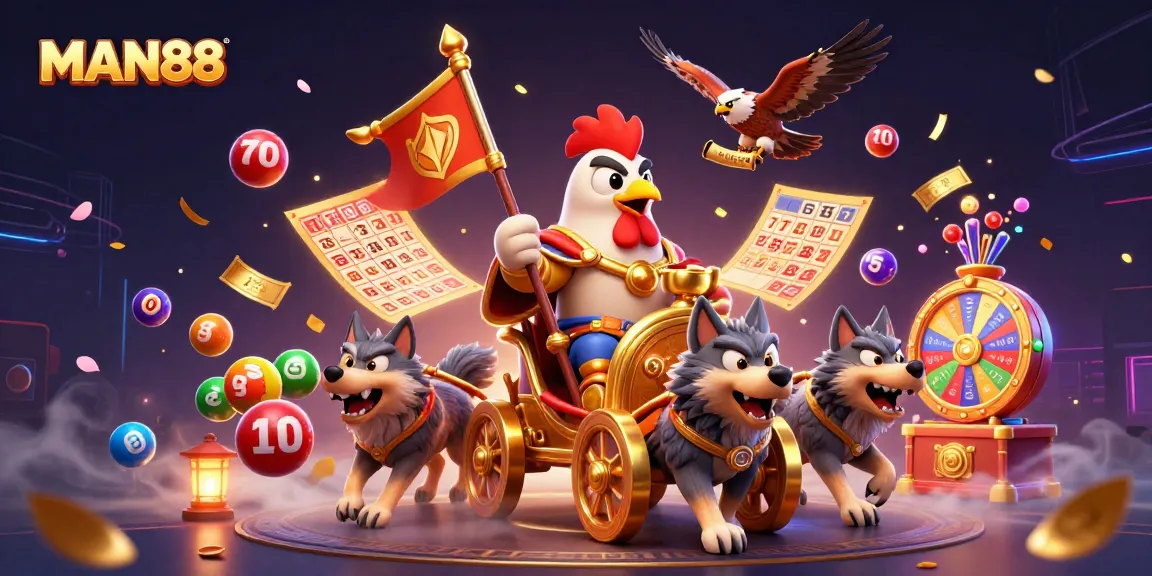 Engage with MAN88's vibrant gaming scene through a 3D rooster warlord illustration.
