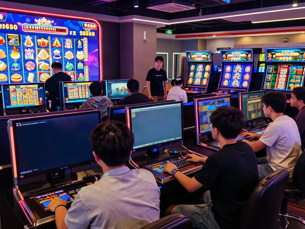 Diverse players enjoying DA88's vibrant slot games in a modern online casino setting