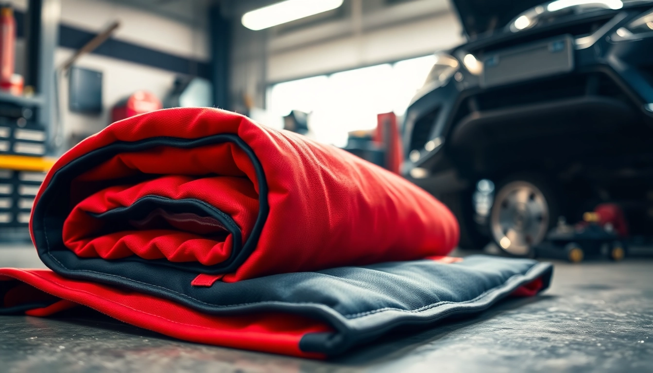 Protect automotive fire blanket positioned for quick access in a well-lit garage setting.