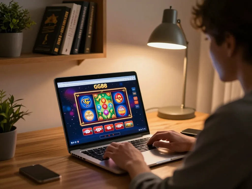 Engaging in online casino gaming at GG88 from a stylish home setup with warm lighting