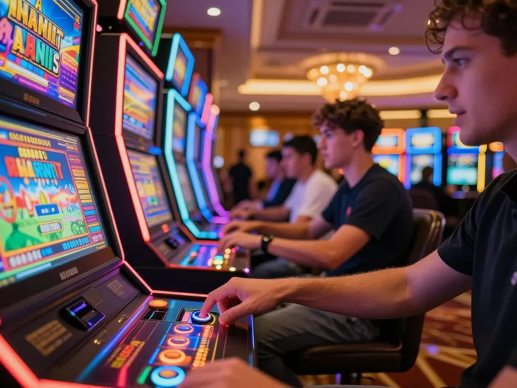 Engaged players at slot machines experiencing excitement during gameplay.