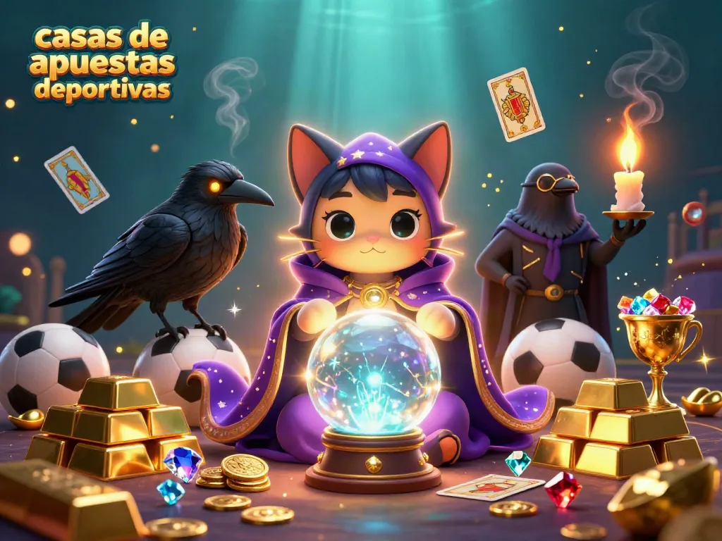 Casas de apuestas deportivas en una escena vibrante con personajes místicos y elementos de juego.