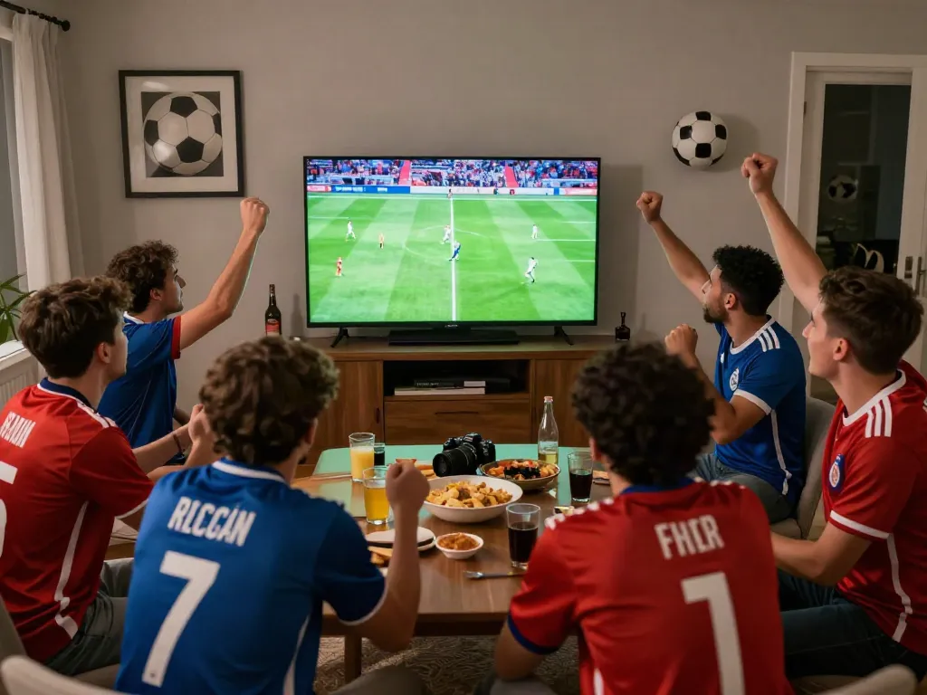 Exciting soccer fans enjoying a match together at home, highlighting https://socolivekz.uk experience.