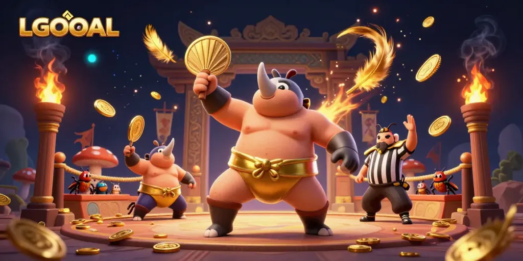 Experience LGOGOAL with a dynamic scene of a beetle sumo champion amidst vibrant casino elements.