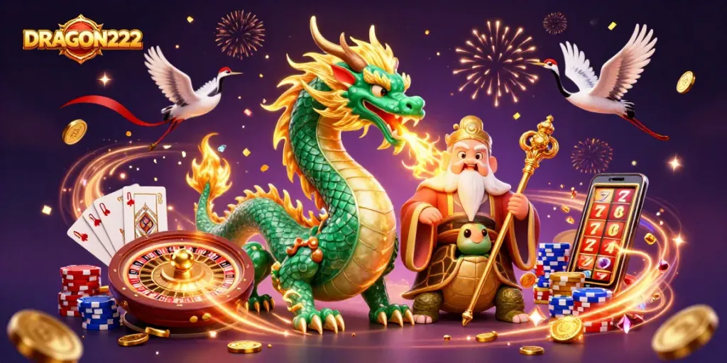 Menangkan permainan di DRAGON222 dengan simbol keberuntungan dan naga hujan emas.
