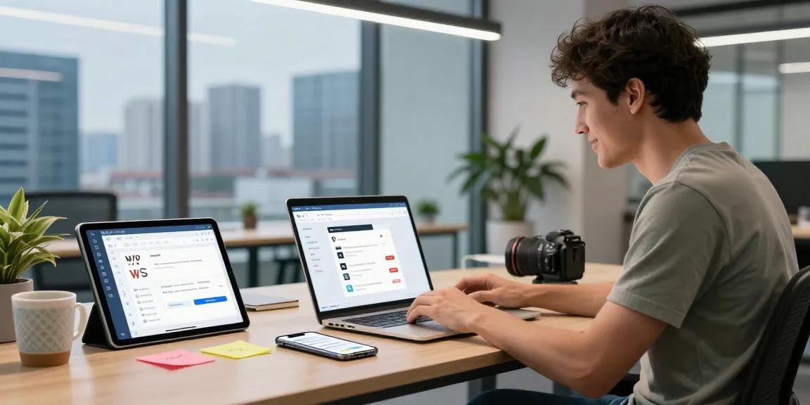 Download WPS Office in a modern workspace with a user on laptop, tablet, and smartphone.