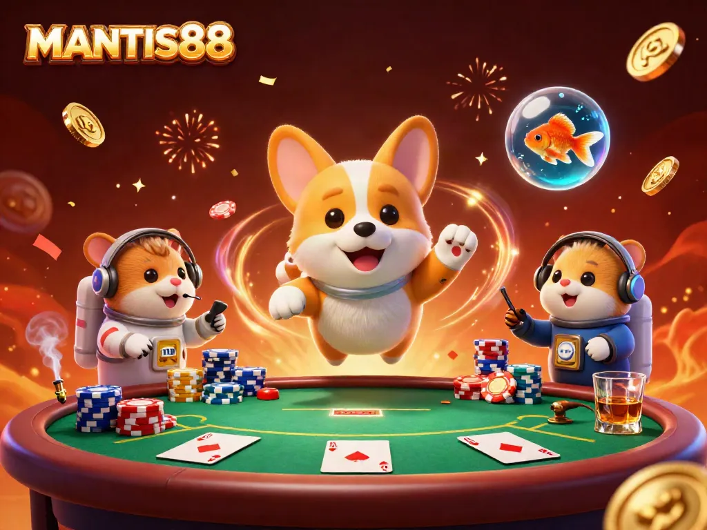 MANTIS88 showcases an exciting 3D casino scene with a cartoon astronaut corgi and a mission-control hamster.