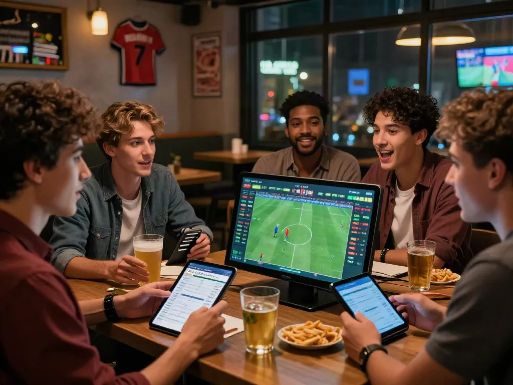 Friends enjoying live sports betting at FABET with smartphones and drinks, displaying excitement.