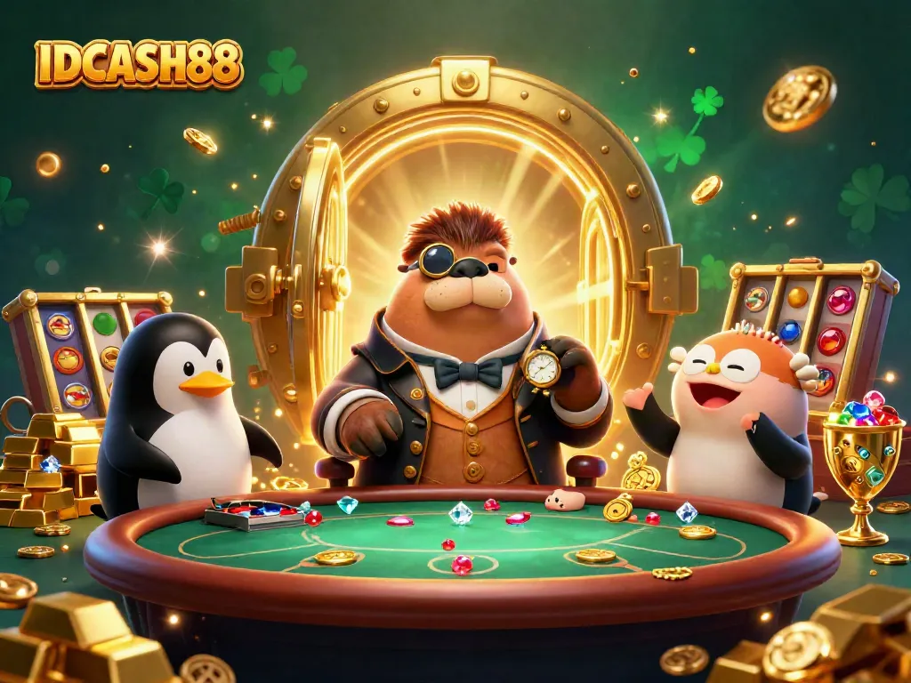 Experience thrilling gameplay at IDCASH88 with a jolly walrus and dynamic gambling scene.