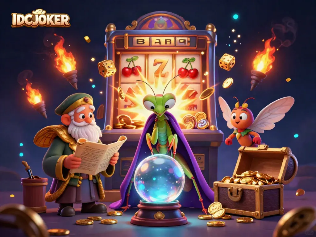 IDCJOKER's magical casino scene features fortune tellers and jackpot excitement in a vibrant 3D illustration.