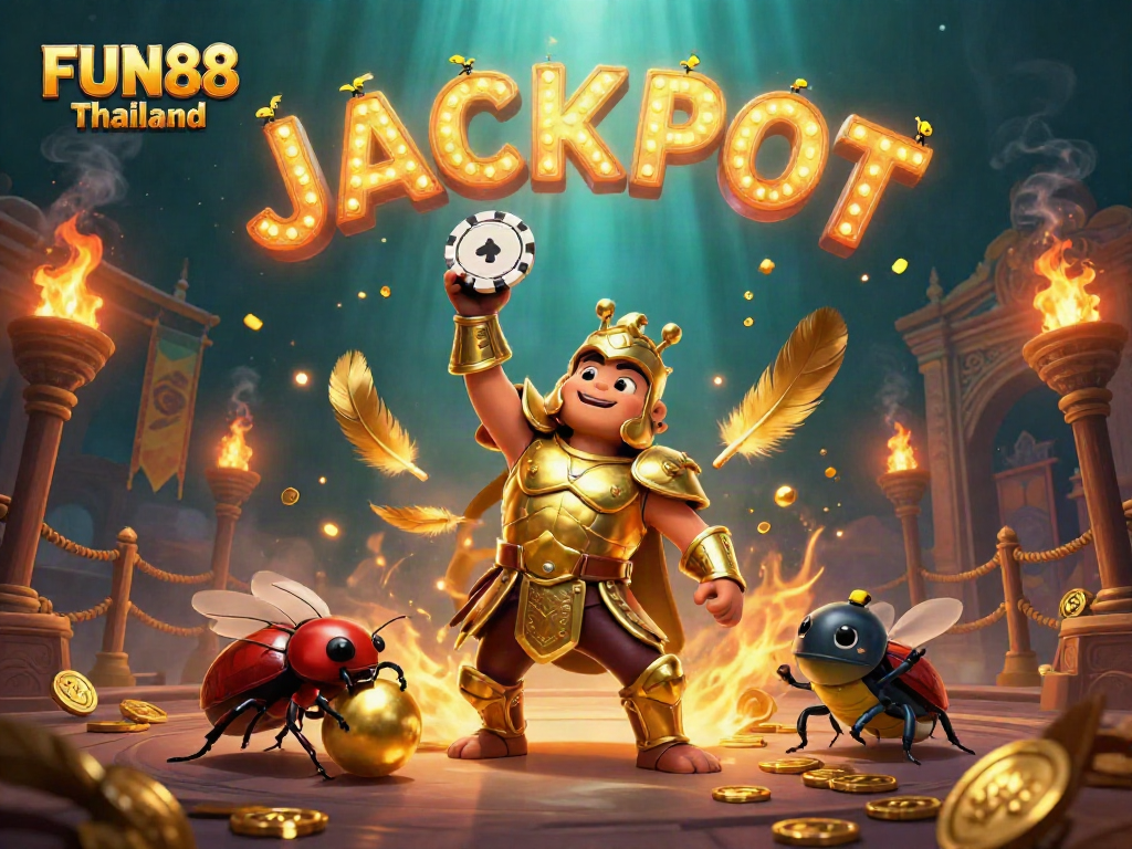Experience winning thrills at FUN88 Thailand with a victorious hercules beetle amid a vibrant casino scene.