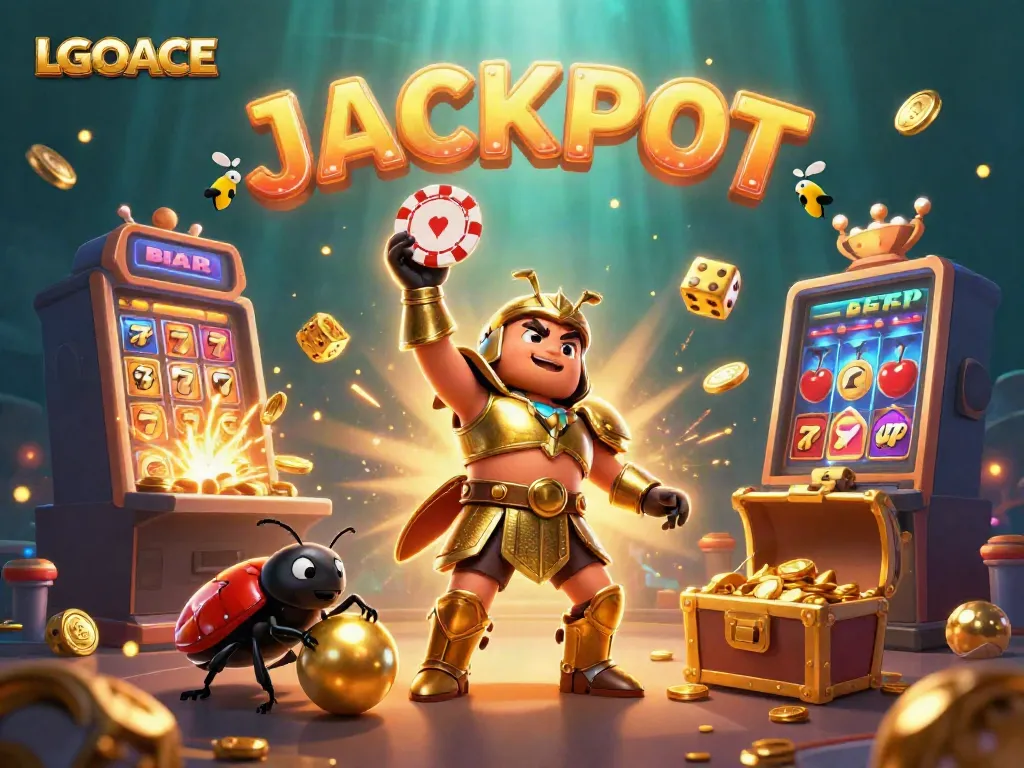 LGOACE showcases a dynamic casino scene with cartoon beetles celebrating a jackpot win.
