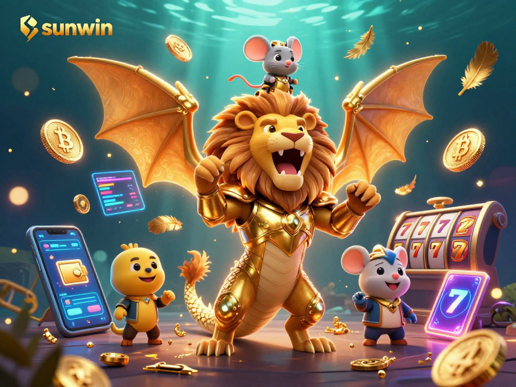 Sunwin showcases a vibrant 3D cartoon casino scene with a chimera creature amidst slot elements.