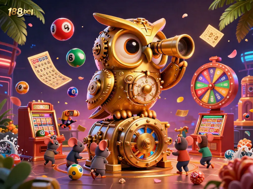 Experience vibrant casino fun with the 188bet link in a lively 3D illustration featuring themed game elements.