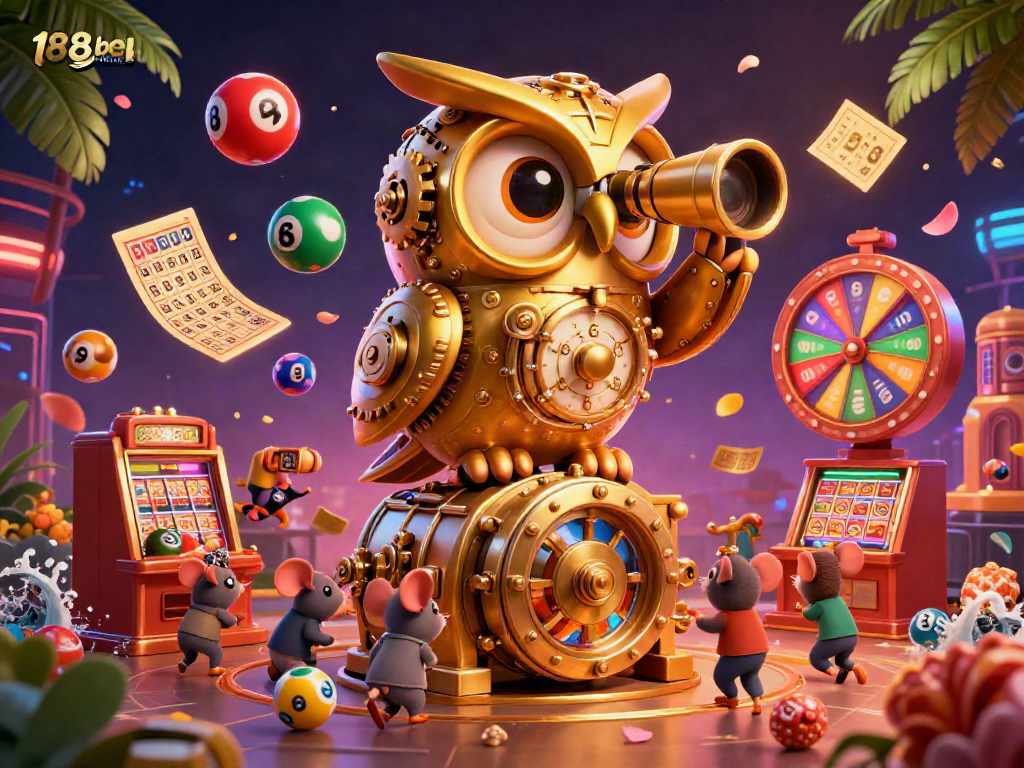 Experience vibrant casino fun with the 188bet link in a lively 3D illustration featuring themed game elements.