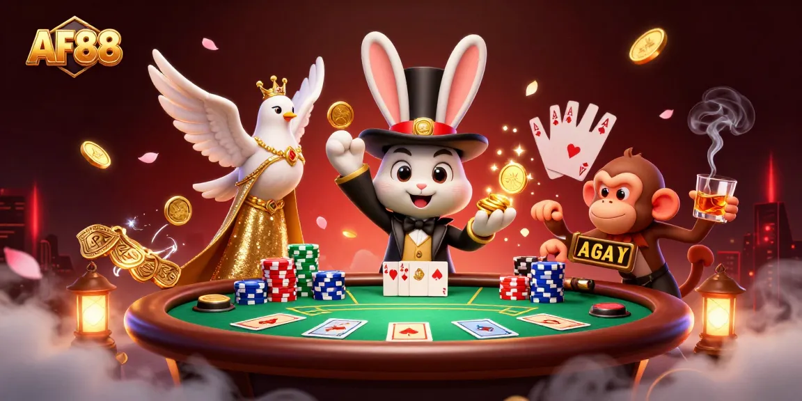 Engaging AF88 illustration of magical casino characters with poker chips and golden coins.
