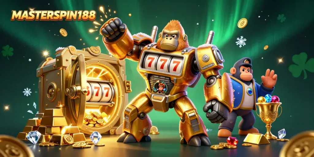 Spin to win on MASTERSPIN188 with the golden gorilla mech surrounded by treasures.