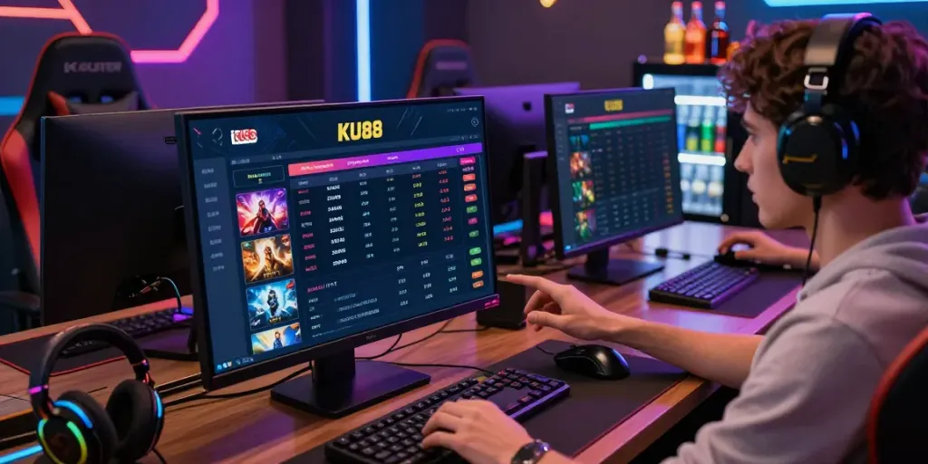 Dynamic KU88 gaming platform scene showcasing sports betting interface and engaged user.