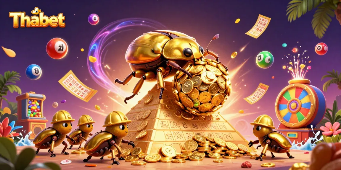 Thabet showcases a golden beetle rolling coins, embodying casino excitement and dynamic lottery elements.