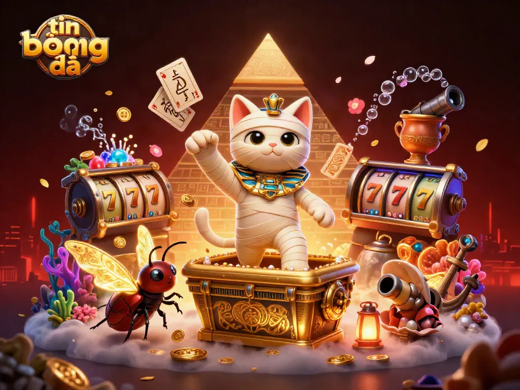 Engaging tin bóng đá scene showcasing a playful mummy cat amidst a pyramid casino bursting with vibrant gaming elements and treasures.