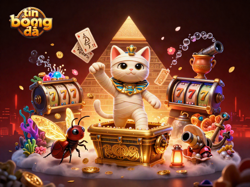 Engaging tin bóng đá scene showcasing a playful mummy cat amidst a pyramid casino bursting with vibrant gaming elements and treasures.